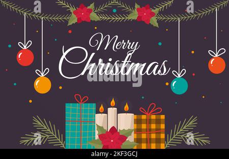 inscription Merry Christmas on the background of fir branches with Christmas toys, gifts, candles and colored confetti Stock Vector