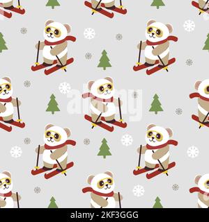 Seamless christmas pattern cute bear skiing in illustration Stock Vector