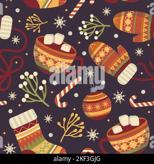 Seamless dark christmas pattern christmas glove sock and mug in ornament Stock Vector