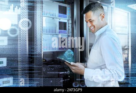Server, tablet and digital with a man engineer working with hologram technology for programming or it security. Future, computer and innovation with a Stock Photo