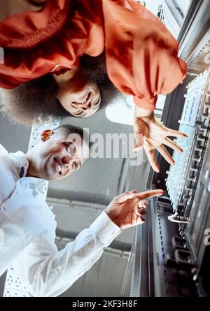 Maintenance, repair and server room employees planning cyber security for their information technology company. Glitch, smile and people in Stock Photo