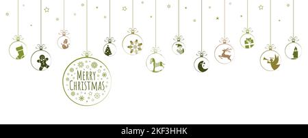 hanging baubles colored green with different abstract icons for christmas and winter time concepts and greetings for christmas and New Year Stock Vector