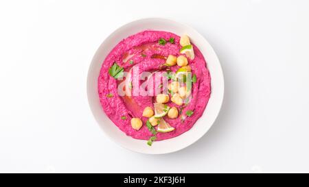 beetroot hummus isolated on white background, top view Stock Photo