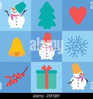 Checkered blue pattern with snowmen and Christmas symbols. Stock Vector