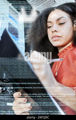 Server, information technology and woman writing on clipboard for analysis of motherboard. Programming, coding text and black woman IT engineer Stock Photo