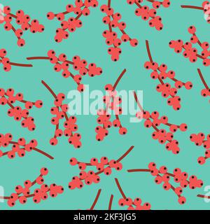 Red winterberry on light green background. Christmas and new year seamless pattern. Stock Vector