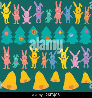 Bunnies, fir trees and bells in a row. Striped green Christmas and new year seamless pattern. Stock Vector