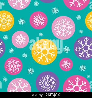 White snowflakes in colourful bubbles on green background. Christmas and new year seamless pattern. Stock Vector