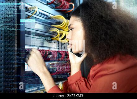 It technician, phone call and black woman thinking and confused in server room, data center for cable or system maintenance. Double exposure Stock Photo