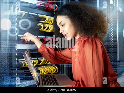 Black woman, laptop and server with internet connection, check cyber security programming and coding information. IT specialist, female programmer and Stock Photo