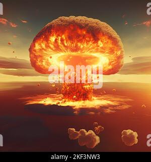 a nuclear explosion in the skyline creating a nuclear fire mushroom cloud in an apocalyptic war, aerial view. 3D illustration. Stock Photo