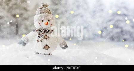 Snowman in winter background, snow fall, copy space. Christmas card template. 3d render Stock Photo
