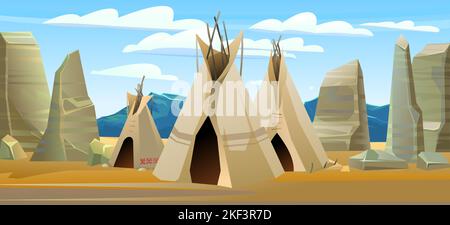 Indians wigwam hut made of felt and skins. North American tribal dwelling. Mountains in background. Traditional home of nomadic peoples. Vector Stock Vector