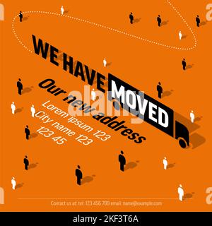 We are moving minimalistic flyer template with place for new company office shop location address. We are moved infographic with car. Template for pos Stock Vector