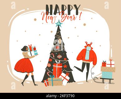 Hand drawn vector abstract fun Merry Christmas time cartoon illustration greeting card with group of people ,surprise gift boxes,Christmas tree and Stock Vector