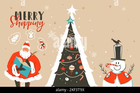 Hand drawn vector abstract fun Merry Christmas time cartoon illustration greeting card with Santa Claus,xmas tree,snowman and Merry Shopping Sale Stock Vector