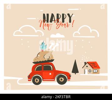 Hand drawn vector Merry Christmas time cartoon graphic illustration headline card design template with red car,xmas turkey and modern typography Happy Stock Vector