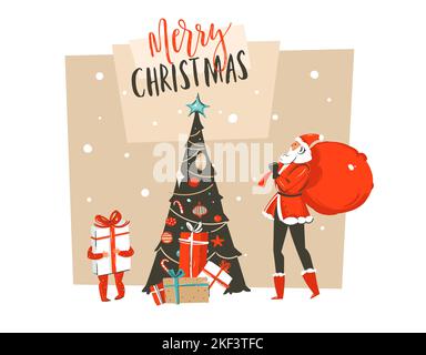 Hand drawn vector abstract fun Merry Christmas time cartoon illustration greeting card with Santa Claus family,surprise gift boxes,Christmas tree and Stock Vector