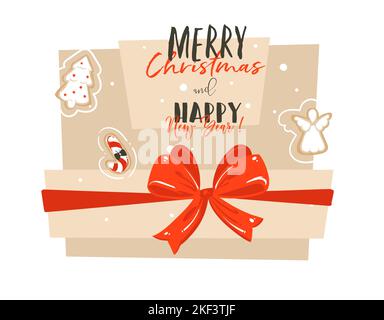 Hand drawn vector abstract Merry Christmas and Happy New Year time cartoon illustration greeting card with big surprise gift box,red bow and modern Stock Vector