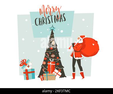 Hand drawn vector abstract fun Merry Christmas time cartoon illustration greeting card with Santa Claus dad,pet dog,surprise gift boxes,Christmas tree Stock Vector