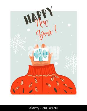 Hand drawn vector abstract Merry Christmas time cartoon illustration card with people in cozy sweater who gives surpsise gift box and modern Stock Vector