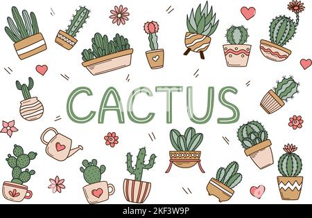 Cute groovy cactus in flower pots set vector illustration Stock Vector