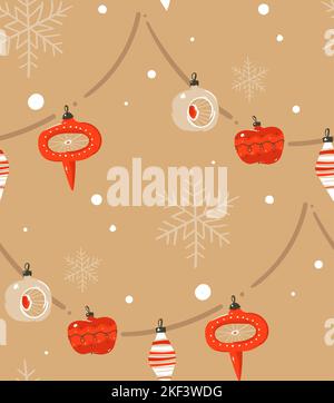 Hand drawn vector abstract Merry Christmas and Happy New Year time cartoon illustrations greeting seamless pattern with xmas tree retro vintage ball Stock Vector