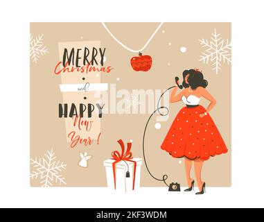 Hand drawn vector abstract Merry Christmas and Happy New Year time vintage cartoon illustration greeting card with beautuful woman in dress,gift box Stock Vector