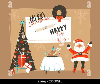 Hand drawn vector abstract Merry Christmas and Happy New Year cartoon illustrations greeting card with xmas decorated tree,Santa Claus and holiday Stock Vector