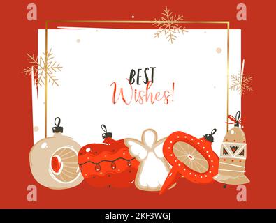 Hand drawn vector abstract Merry Christmas and Happy New Year time cartoon illustrations greeting header template with xmas tree bauble toys and Stock Vector