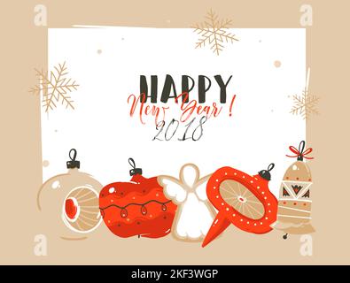 Hand drawn vector abstract Merry Christmas and Happy New Year 2018 time cartoon illustrations greeting header template with xmas tree bauble toys and Stock Vector