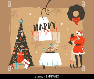 Hand drawn vector Happy New Year time cartoon illustrations retro card with romantic couple who kissing and hugging under the mistletoe,xmas tree and Stock Vector