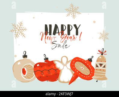 Hand drawn vector abstract Merry Christmas and Happy New Year sale time cartoon illustrations greeting header template with xmas tree bauble toys and Stock Vector