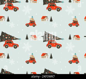 Hand drawn vector abstract Merry Christmas and Happy New Year time cartoon illustrations greeting seamless pattern with xmas tree,car,turkey plate and Stock Vector