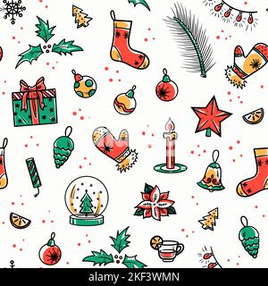 Christmas cute seamless pattern with Christmas cute gifts, Christmas trees, branches, candles,sock, flowers,snowflake, cookies, balls on a white Stock Vector