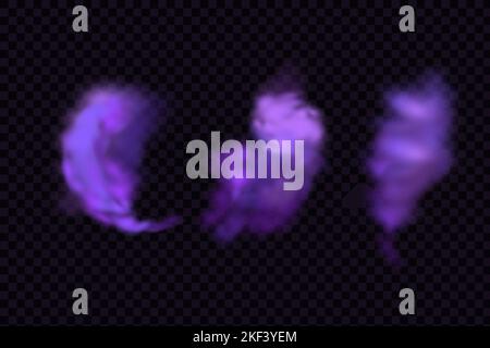 Purple flows poisonous gas, dust and smoke effect.Realistic scary mystical clouds fog in night Halloween. Vector set. Stock Vector