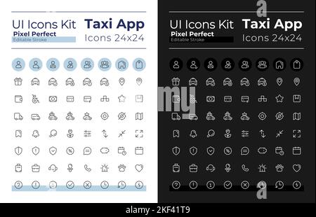 Taxi service pixel perfect linear ui icons set for dark, light mode Stock Vector