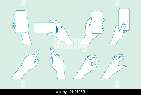 Illustration set of holding a mobile phone and touching the screen with a finger etc. Stock Vector