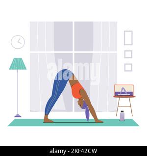 Fit Woman Doing Online Yoga Using Laptop Stock Vector