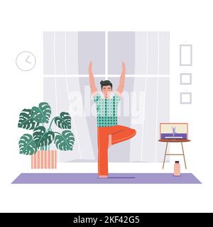 Young Man Practicing Yoga Online Using Laptop Stock Vector