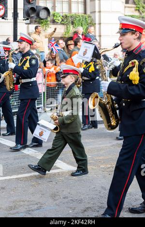 SURBITON RBL YOUTH MARCHING BAND at the Lord Mayor's Show parade in the City of London, UK. Small girl in marching band Stock Photo