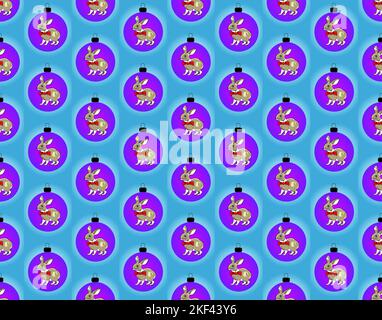 Seamless pattern of Christmas balls with the image of a rabbit, vector Stock Vector