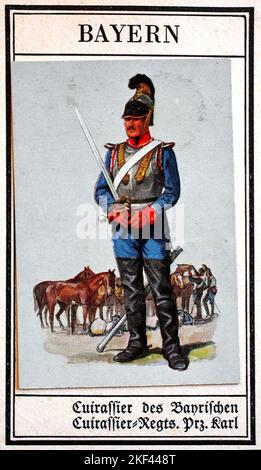 German uniforms of the 19th century, lines - cavalry: Bavaria, Cuirassier of the Bavarian Cuirassier Regiment Prinz Karl, Historical, digitally restored reproduction of a public domain collector's picture from the early 20th century  /  Deutsche Uniformen des 19. Jahrhunderts, Linien - Kavallerie: Bayern, Cuirassier des Bayrischen Cuirassier Regiment Prinz Karl, Historisch, digital restaurierte Reproduktion eines gemeinfreien Sammelbildes aus dem frühen 20. Jahrhundert Stock Photo