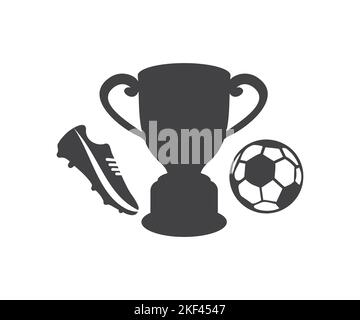 Trophy, Winner Soccer or Football Cup, soccer boots, ball logo design. Competition, games, tournament, leadership, champion prize, achievement. Stock Vector