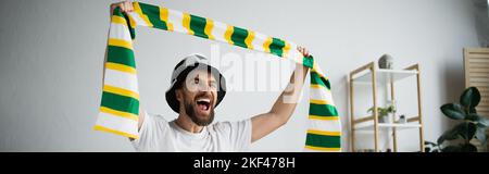 amazed man in hat holding scarf while watching championship, banner,stock image Stock Photo