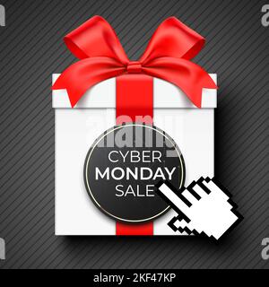 Cyber Monday online shopping banner vector design, with mouse cursor hand clicking on a gift box, wrapped with red satin ribbon and a black round tag. Stock Vector