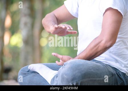 Young man practicing traditional Tai Chi Chuan, Tai Ji  and Qi gong in the park for healthy, traditional chinese martial arts concept on natural backg Stock Photo