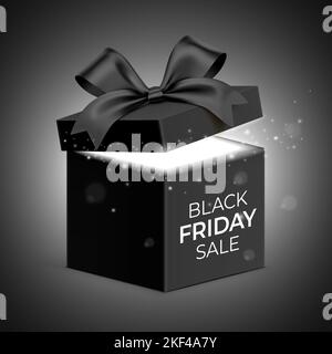 Black Friday Sale gift box with ribbon and glitter light shining from inside. Holiday gift vector banner background. Stock Vector