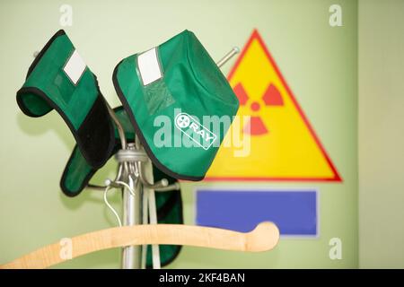 Protective medical hat against radioactive radiation during treatment or diagnosis in a hospital. Stock Photo