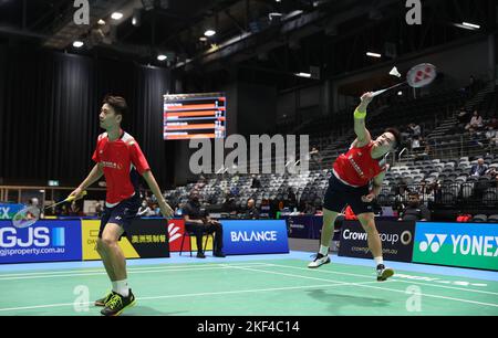 Sydney, Australia. 16th Nov, 2022. Liang Weikeng (R)/Wang Chang of China compete with Jason Hong/Kevin Xu of Australia during their men's doubles 1st round match at the Australian Open 2022 badminton tournament in Sydney, Australia, Nov. 16, 2022. Credit: Bai Xuefei/Xinhua/Alamy Live News Stock Photo